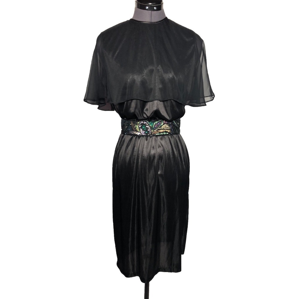 Vtg 70s Blair Black Disco Dress w/ La Regale Beaded Belt s/m W-24-28"